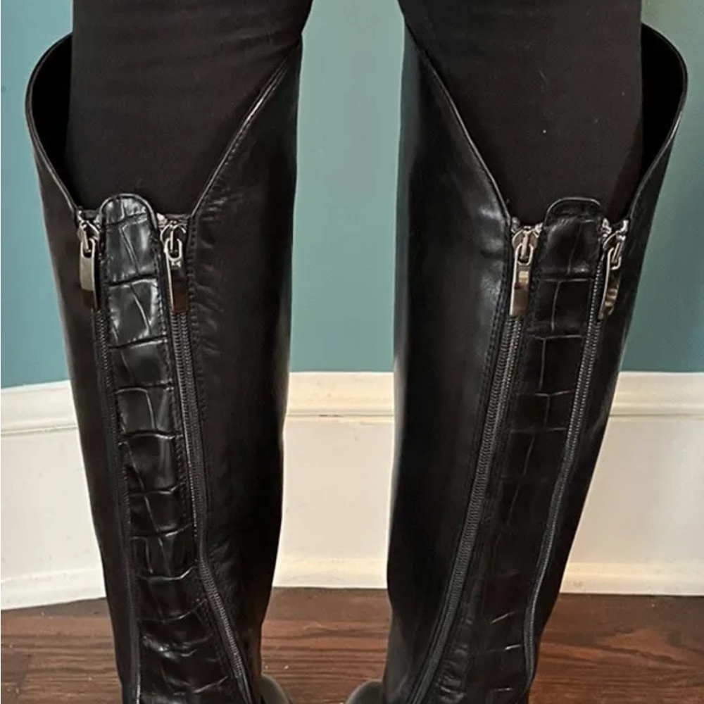 NWOT Emanuele Crasto Women's Black Tall Boots crocodile double zip size 38